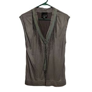 Aryn K Tank Top Women's Size M Grey Faux Leather Metal Chain Fringe Silk Lining